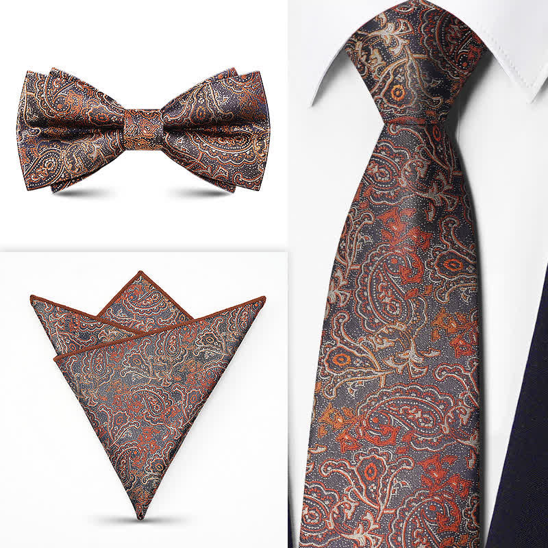 3Pcs Men's Brown Series Paisley BowTie Necktie Set - Style #9 - image 11