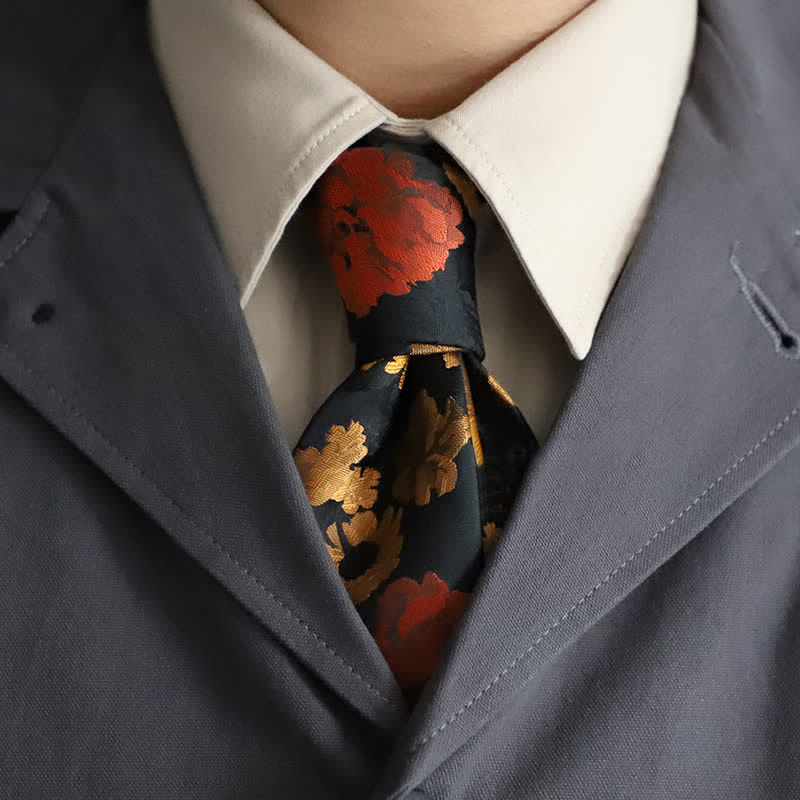 Men's Black & Red Falling Floral Necktie - Black & Red - image 0