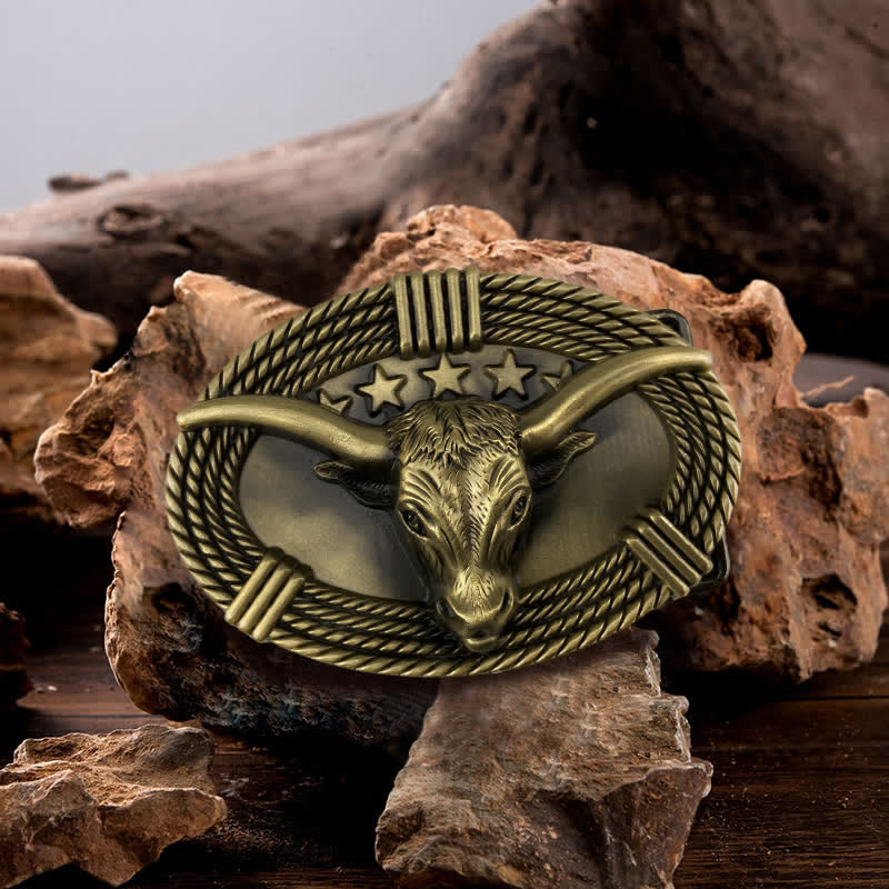 Men's DIY Retro Five Stars Bull Head Buckle Leather Belt - Antique Bronze - Without Belt - image 0