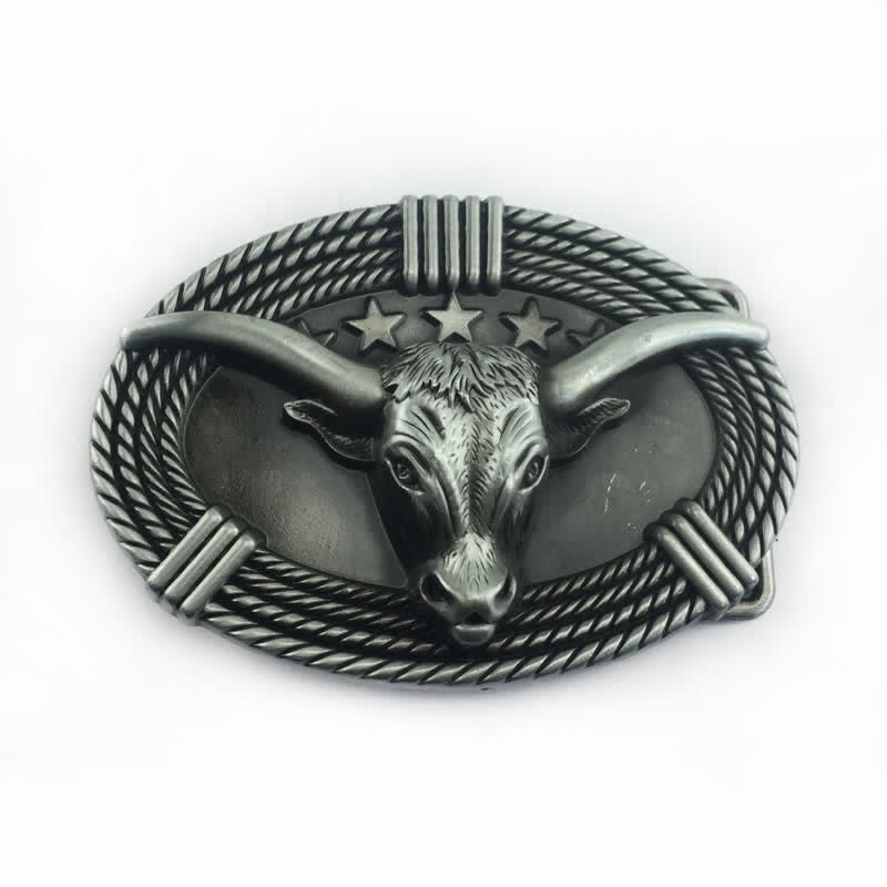 Men's DIY Retro Five Stars Bull Head Buckle Leather Belt - Antique Silver - Without Belt - image 11