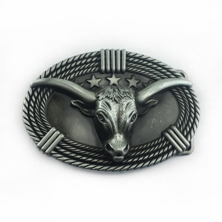 Men's DIY Retro Five Stars Bull Head Buckle Leather Belt - Antique Silver - Without Belt - image 11