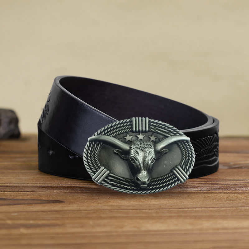 Men's DIY Retro Five Stars Bull Head Buckle Leather Belt - Antique Silver - Black Embossed Eagle Belt (40) - image 14