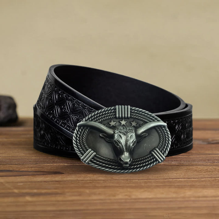 Men's DIY Retro Five Stars Bull Head Buckle Leather Belt - Antique Silver - Black Embossed Weave Belt (40) - image 15