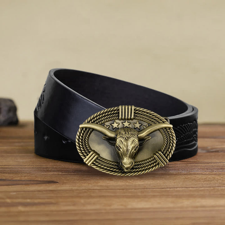Men's DIY Retro Five Stars Bull Head Buckle Leather Belt - Antique Bronze - Black Embossed Eagle Belt (40) - image 5