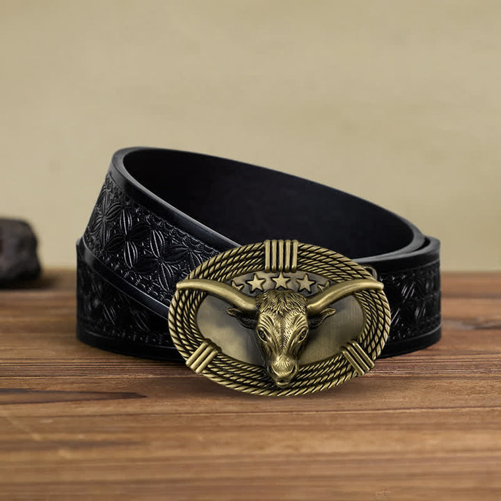 Men's DIY Retro Five Stars Bull Head Buckle Leather Belt - Antique Bronze - Black Embossed Weave Belt (40) - image 6