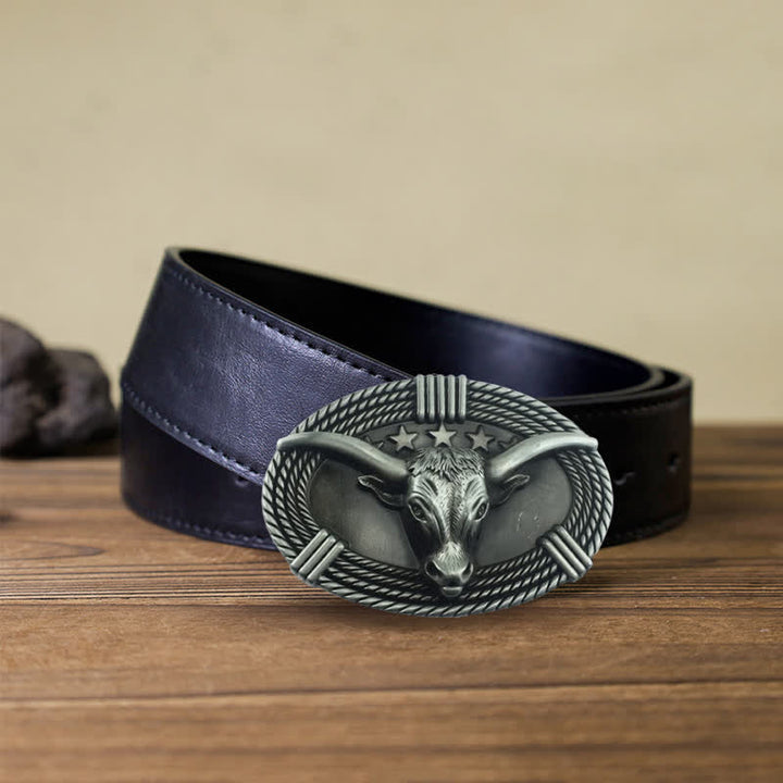 Men's DIY Retro Five Stars Bull Head Buckle Leather Belt - Antique Silver - Black PU Belt (40) - image 13