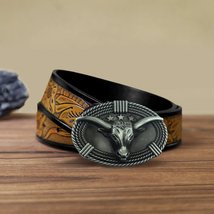 Men's DIY Retro Five Stars Bull Head Buckle Leather Belt - Antique Silver - SandyBrown Belt (40) - image 18