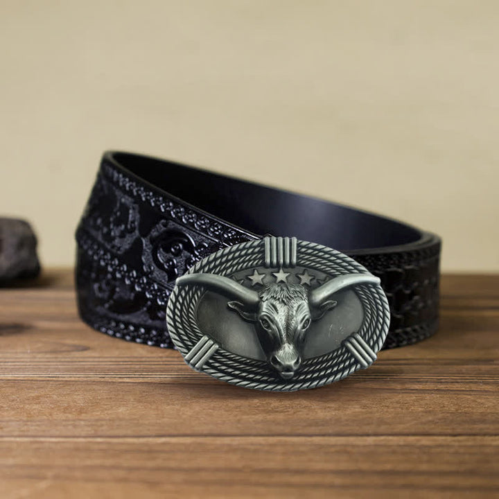 Men's DIY Retro Five Stars Bull Head Buckle Leather Belt - Antique Silver - Black Carved Belt (40) - image 16