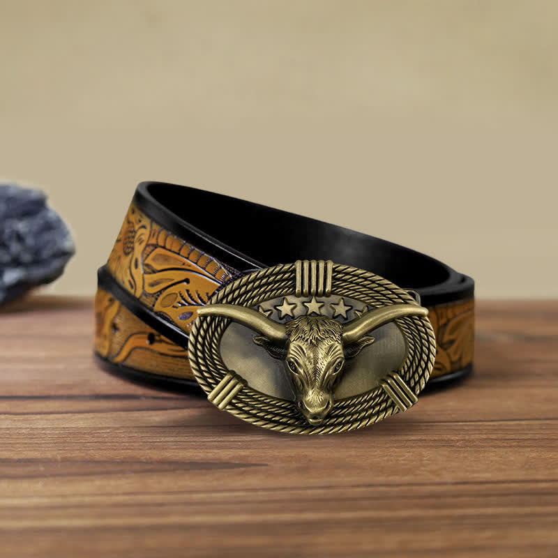 Men's DIY Retro Five Stars Bull Head Buckle Leather Belt - Antique Bronze - SandyBrown Belt (40) - image 9