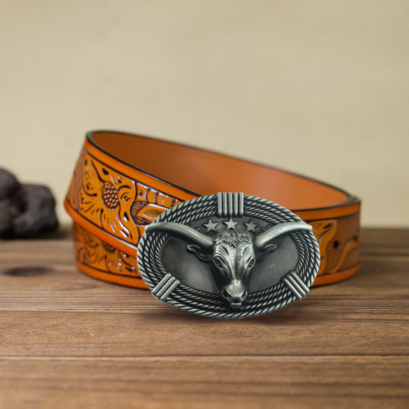 Men's DIY Retro Five Stars Bull Head Buckle Leather Belt - Antique Silver - Orange Carved Belt (40) - image 19