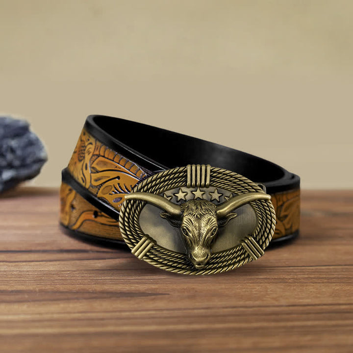 Men's DIY Retro Five Stars Bull Head Buckle Leather Belt - Antique Bronze - SandyBrown Belt (40) - image 9