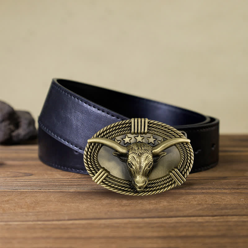 Men's DIY Retro Five Stars Bull Head Buckle Leather Belt - Antique Bronze - Black PU Belt (40) - image 4