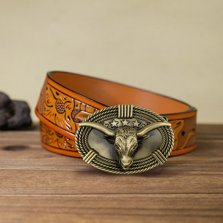 Men's DIY Retro Five Stars Bull Head Buckle Leather Belt - Antique Bronze - Orange Carved Belt (40) - image 10
