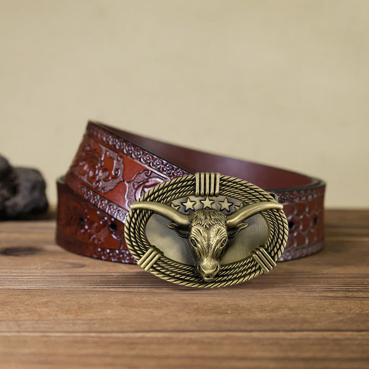 Men's DIY Retro Five Stars Bull Head Buckle Leather Belt - Antique Bronze - Brown Carved Belt (40) - image 8