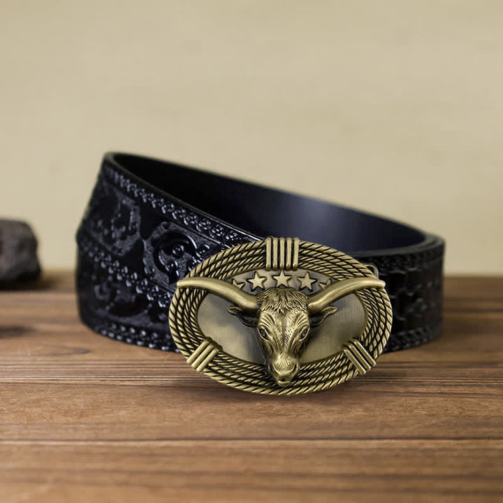 Men's DIY Retro Five Stars Bull Head Buckle Leather Belt - Antique Bronze - Black Carved Belt (40) - image 7