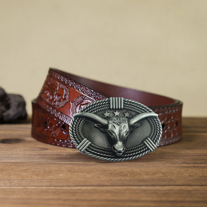 Men's DIY Retro Five Stars Bull Head Buckle Leather Belt - Antique Silver - Brown Carved Belt (40) - image 17