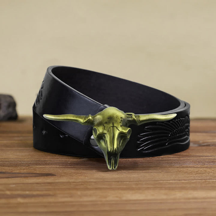 Men's DIY Cool Western Longhorn Bull Buckle Leather Belt - Antique Bronze - Black Embossed Eagle Belt (40) - image 14