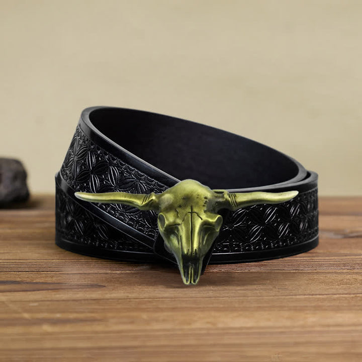 Men's DIY Cool Western Longhorn Bull Buckle Leather Belt - Antique Bronze - Black Embossed Weave Belt (40) - image 15