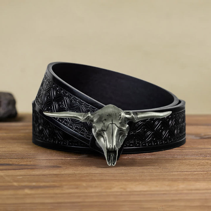 Men's DIY Cool Western Longhorn Bull Buckle Leather Belt - Antique Silver - Black Embossed Weave Belt (40) - image 7