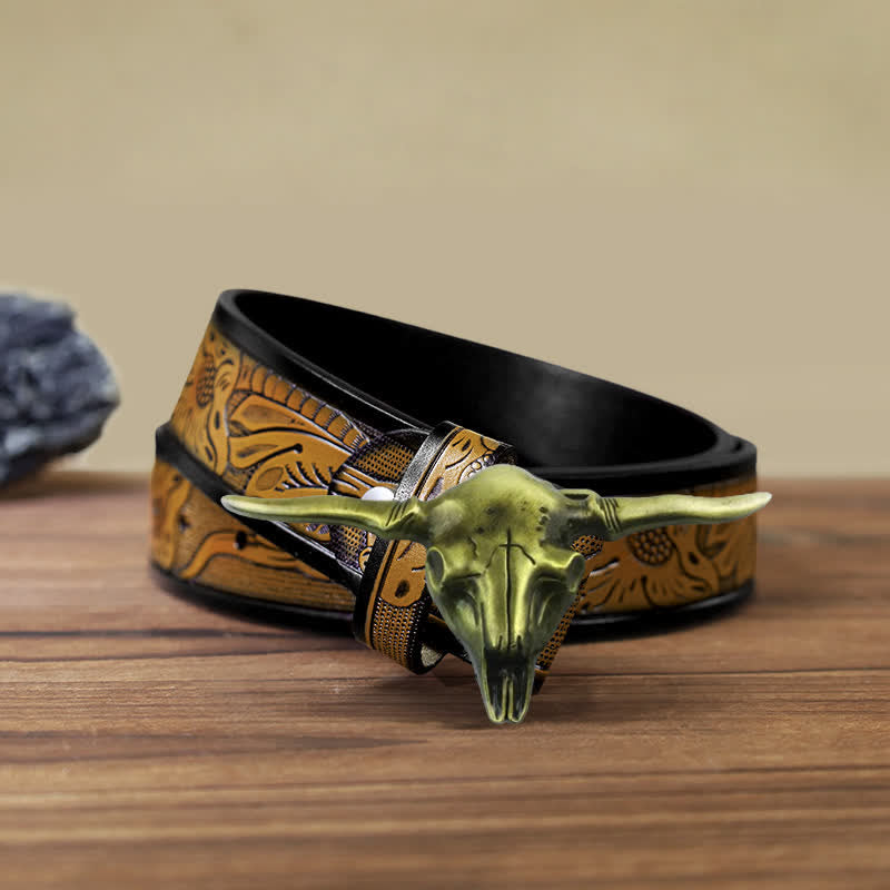 Men's DIY Cool Western Longhorn Bull Buckle Leather Belt - Antique Bronze - SandyBrown Belt (40) - image 18