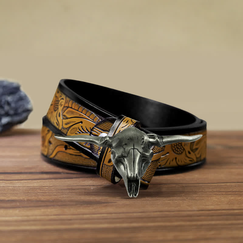 Men's DIY Cool Western Longhorn Bull Buckle Leather Belt - Antique Silver - SandyBrown Belt (40) - image 10
