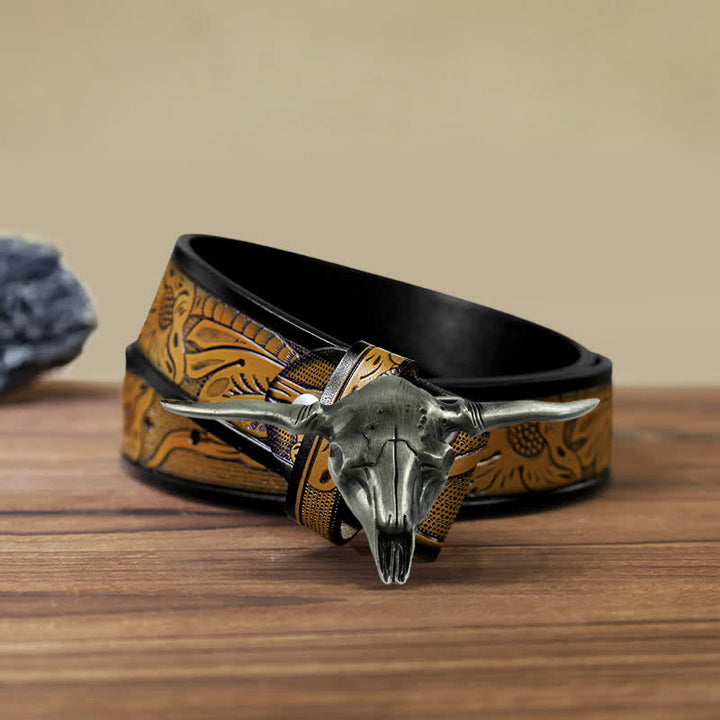 Men's DIY Cool Western Longhorn Bull Buckle Leather Belt - Antique Silver - SandyBrown Belt (40) - image 10