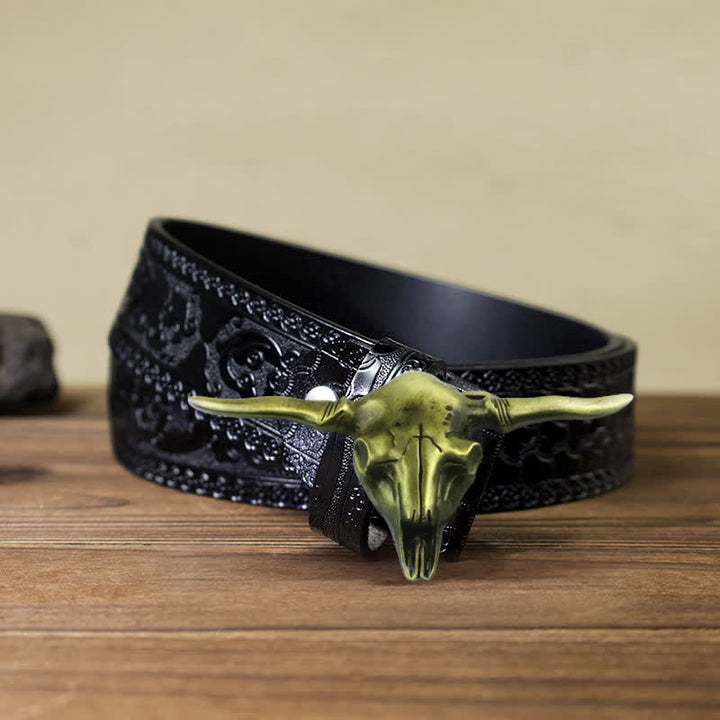 Men's DIY Cool Western Longhorn Bull Buckle Leather Belt - Antique Bronze - Black Carved Belt (40) - image 16