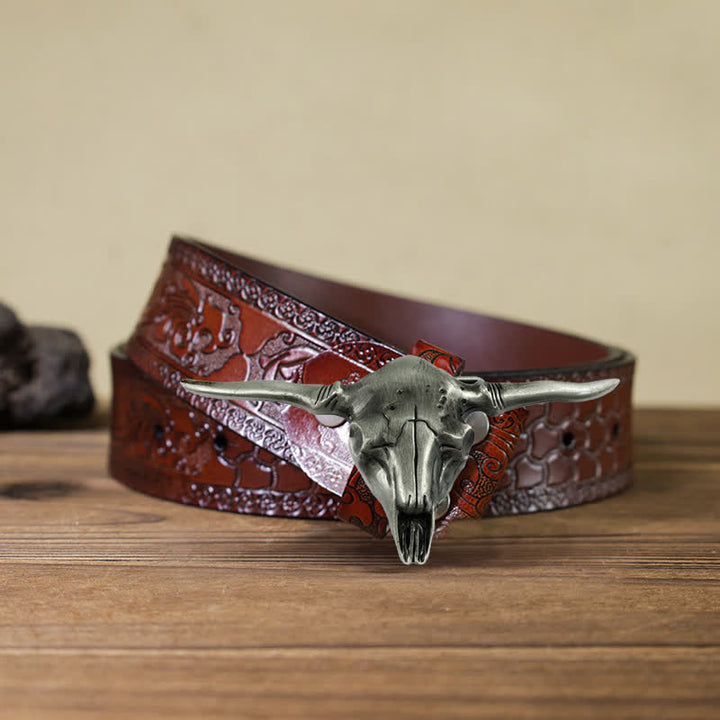 Men's DIY Cool Western Longhorn Bull Buckle Leather Belt - Antique Silver - Brown Carved Belt (40) - image 9