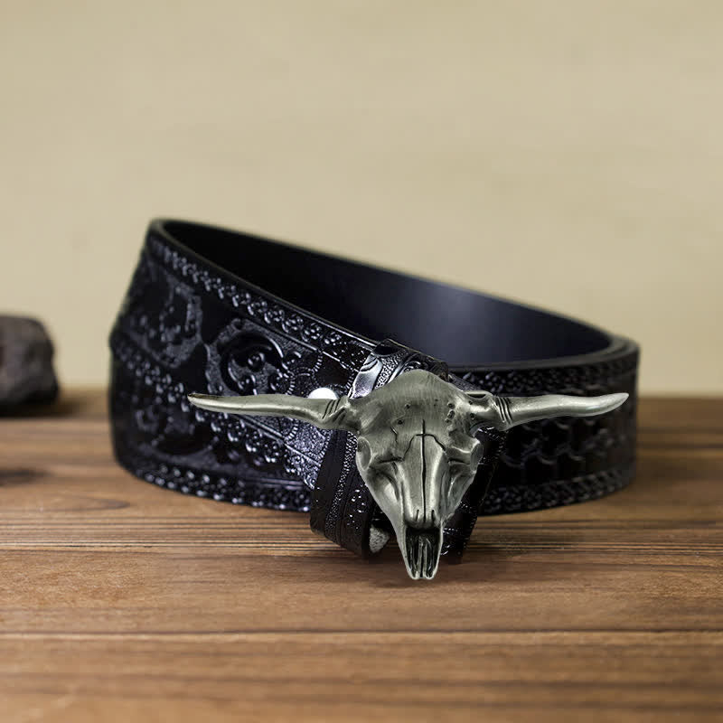Men's DIY Cool Western Longhorn Bull Buckle Leather Belt - Antique Silver - Black Carved Belt (40) - image 8