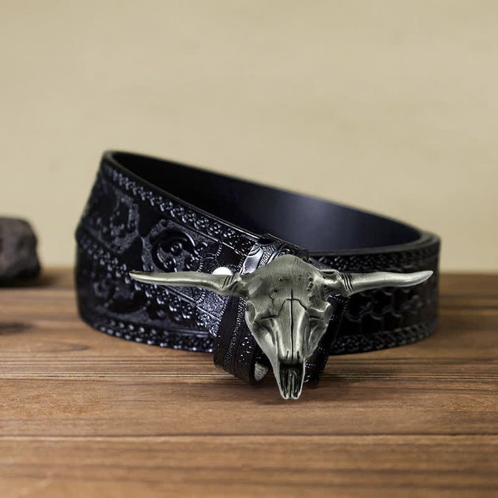 Men's DIY Cool Western Longhorn Bull Buckle Leather Belt - Antique Silver - Black Carved Belt (40) - image 8