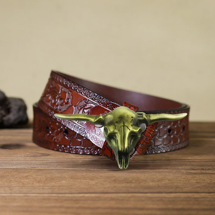 Men's DIY Cool Western Longhorn Bull Buckle Leather Belt - Antique Bronze - Brown Carved Belt (40) - image 17