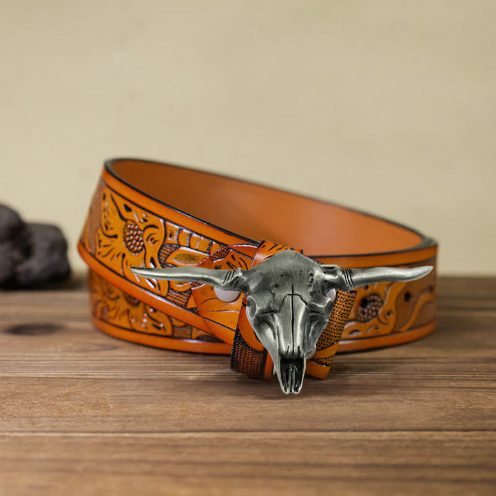 Men's DIY Cool Western Longhorn Bull Buckle Leather Belt - Antique Silver - Orange Carved Belt (40) - image 11