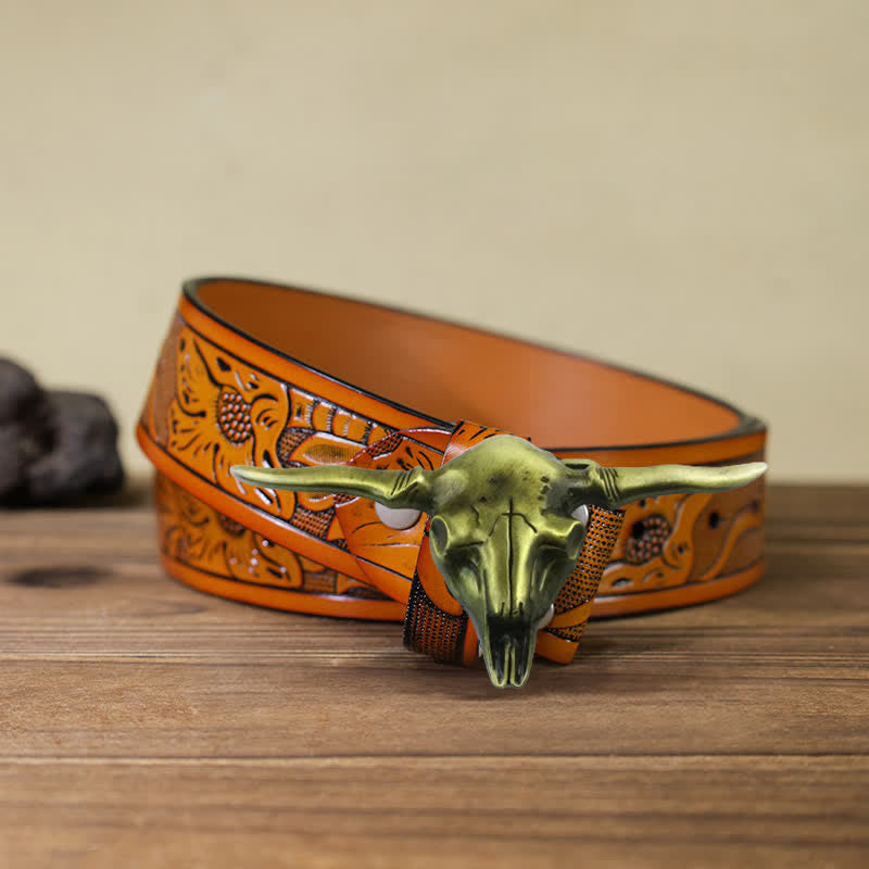 Men's DIY Cool Western Longhorn Bull Buckle Leather Belt - Antique Bronze - Orange Carved Belt (40) - image 19