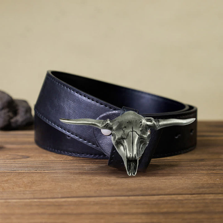 Men's DIY Cool Western Longhorn Bull Buckle Leather Belt - Antique Silver - Black PU Belt (40) - image 5