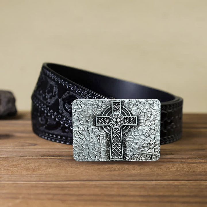 Men's DIY Medievel Style Celtic Cross Buckle Leather Belt - Cross - Black Carved Belt (40) - image 6