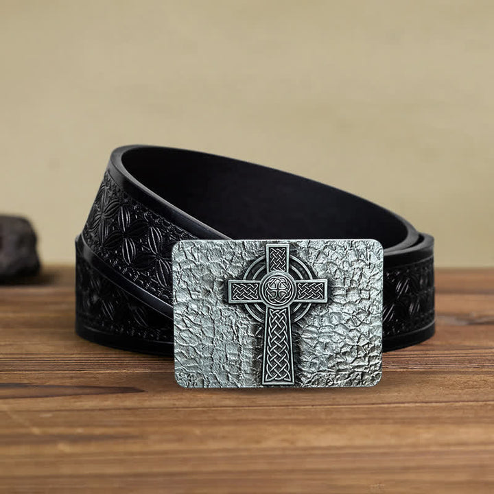 Men's DIY Medievel Style Celtic Cross Buckle Leather Belt - Cross - Black Embossed Weave Belt (40) - image 5