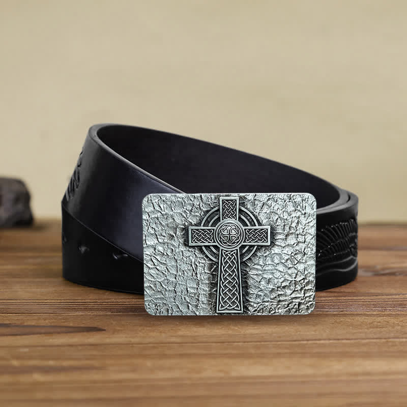 Men's DIY Medievel Style Celtic Cross Buckle Leather Belt - Cross - Black Embossed Eagle Belt (40) - image 4
