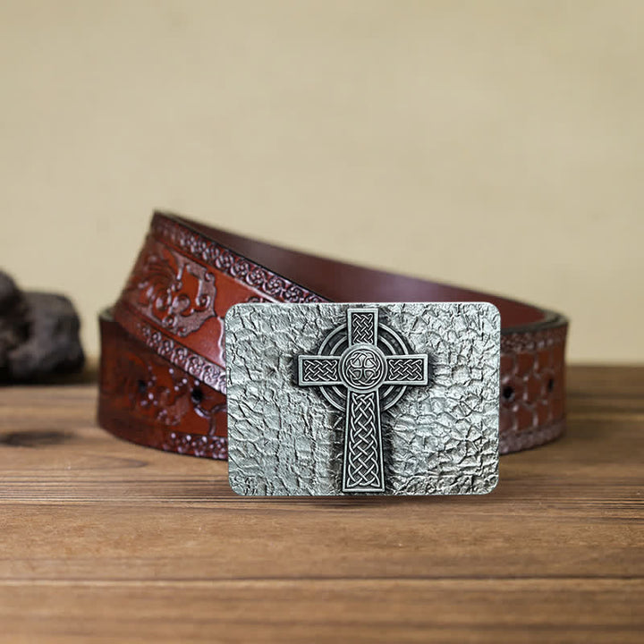 Men's DIY Medievel Style Celtic Cross Buckle Leather Belt - Cross - Brown Carved Belt (40) - image 7