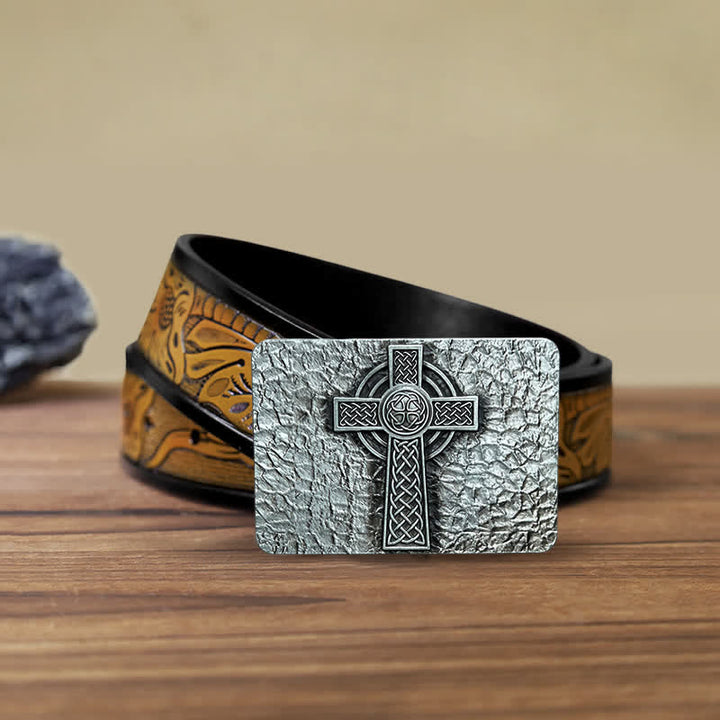 Men's DIY Medievel Style Celtic Cross Buckle Leather Belt - Cross - SandyBrown Belt (40) - image 8