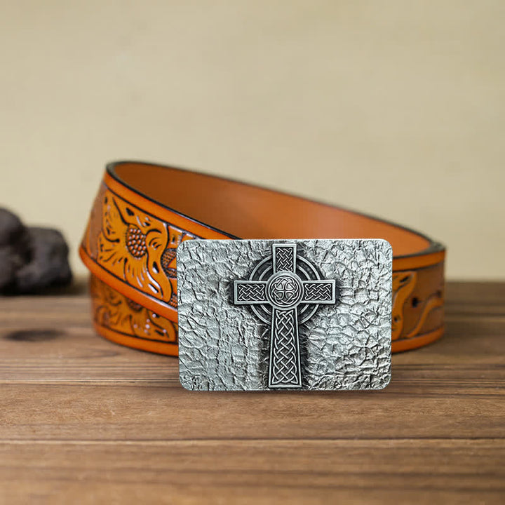 Men's DIY Medievel Style Celtic Cross Buckle Leather Belt - Cross - Orange Carved Belt (40) - image 9