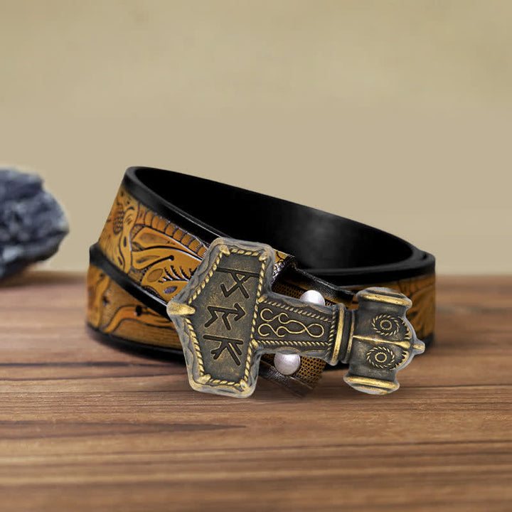 Men's DIY Brutal Viking Hammer Buckle Leather Belt - Antique Bronze - SandyBrown Belt (40) - image 7