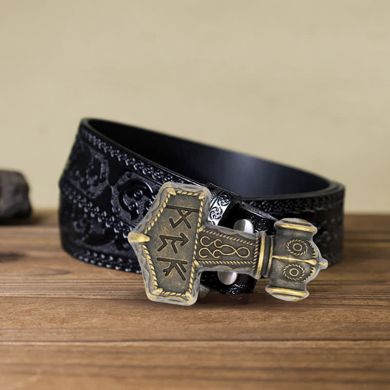 Men's DIY Brutal Viking Hammer Buckle Leather Belt - Antique Bronze - Black Carved Belt (40) - image 5