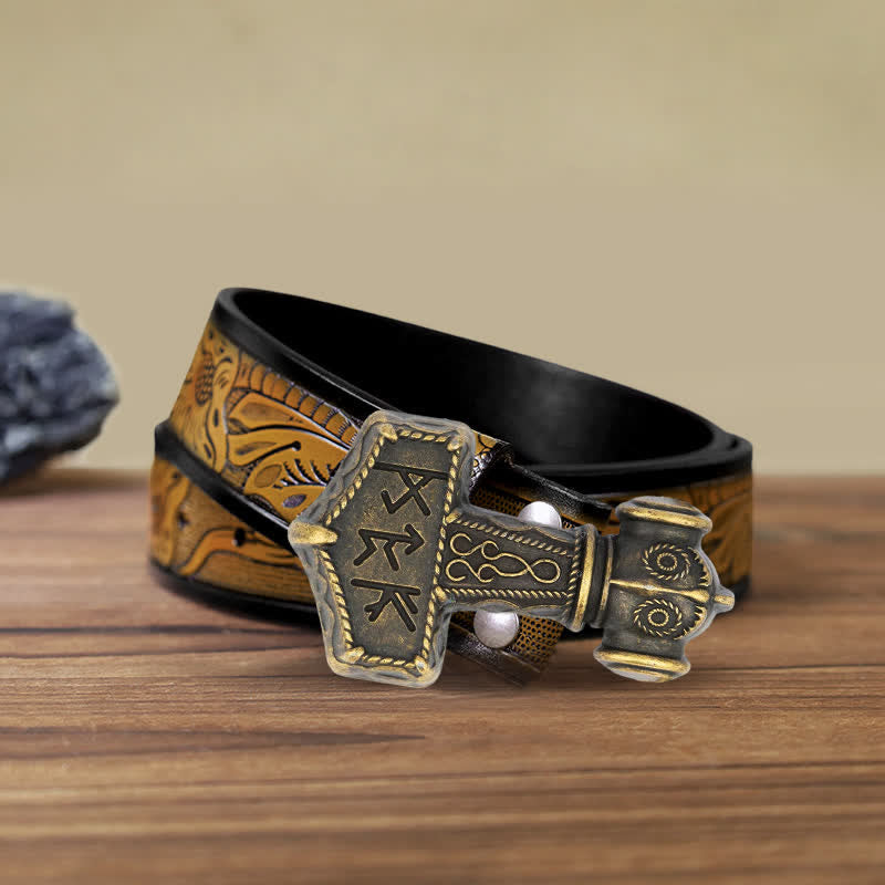 Men's DIY Brutal Viking Hammer Buckle Leather Belt - Antique Bronze - SandyBrown Belt (40) - image 7