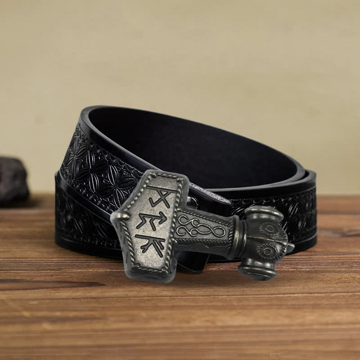 Men's DIY Brutal Viking Hammer Buckle Leather Belt - Antique Silver - Black Embossed Weave Belt (40) - image 12