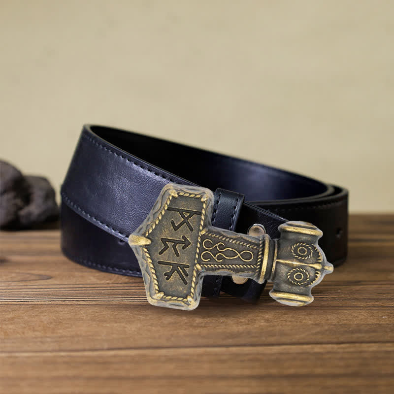 Men's DIY Brutal Viking Hammer Buckle Leather Belt - Antique Bronze - Black PU Belt (40) - image 2