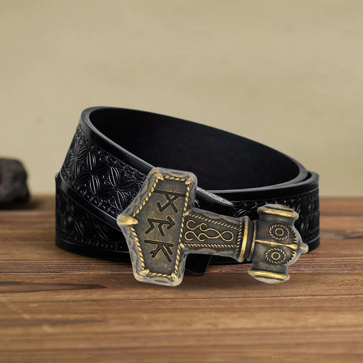 Men's DIY Brutal Viking Hammer Buckle Leather Belt - Antique Bronze - Black Embossed Weave Belt (40) - image 4