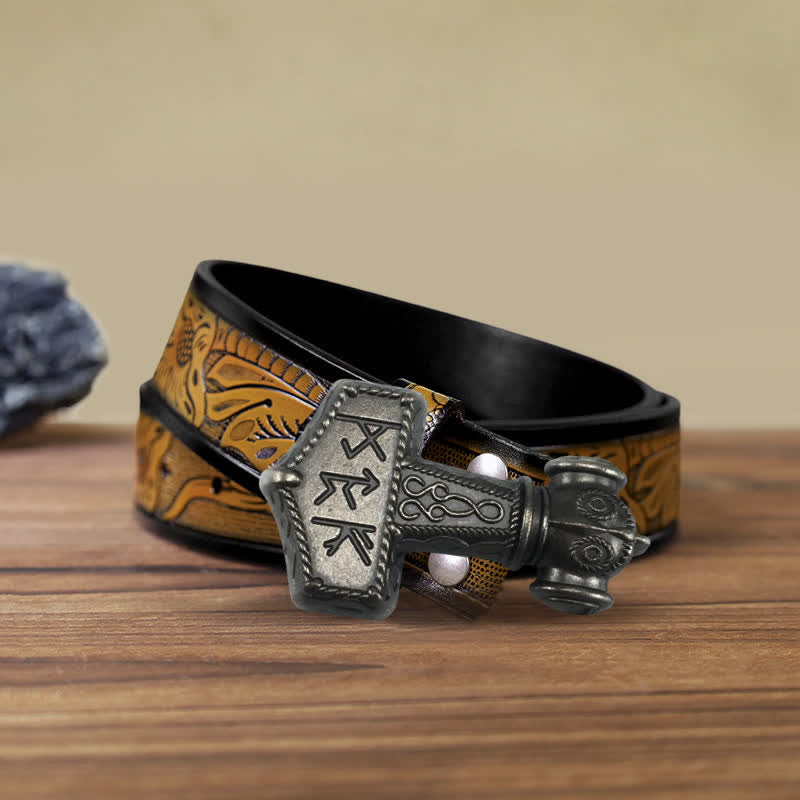 Men's DIY Brutal Viking Hammer Buckle Leather Belt - Antique Silver - SandyBrown Belt (40) - image 15