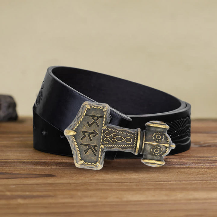 Men's DIY Brutal Viking Hammer Buckle Leather Belt - Antique Bronze - Black Embossed Eagle Belt (40) - image 3