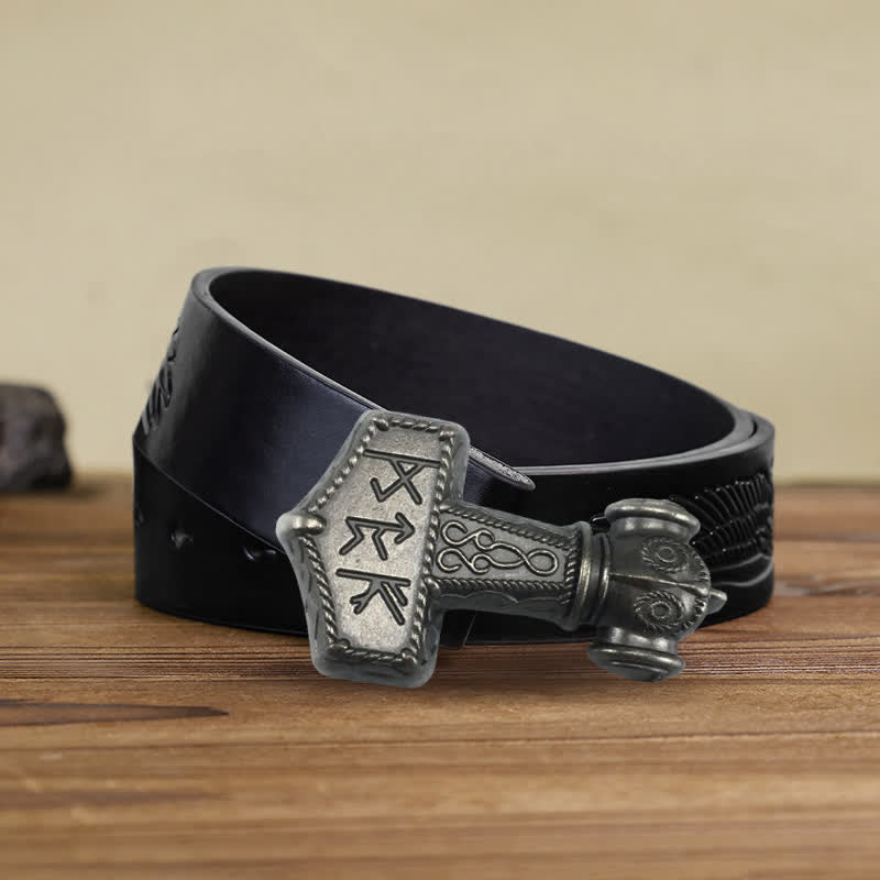 Men's DIY Brutal Viking Hammer Buckle Leather Belt - Antique Silver - Black Embossed Eagle Belt (40) - image 11