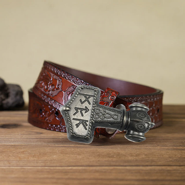 Men's DIY Brutal Viking Hammer Buckle Leather Belt - Antique Silver - Brown Carved Belt (40) - image 14